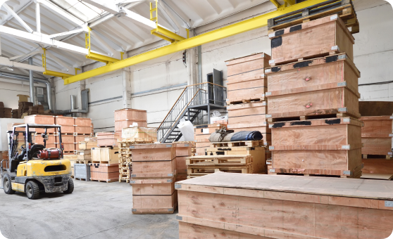 Warehouse with forklift and crates — components identified as no longer deployable